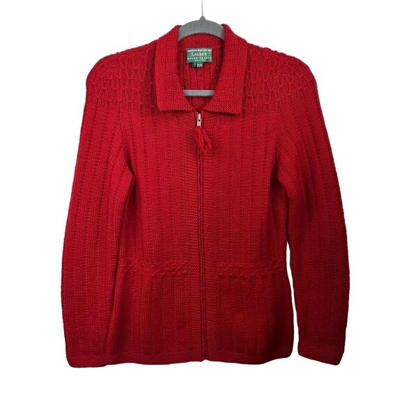 Vintage Lauren Ralph Lauren Hand Knit Red Zip Cardigan Sweater, 2P - Picture 2 of 12